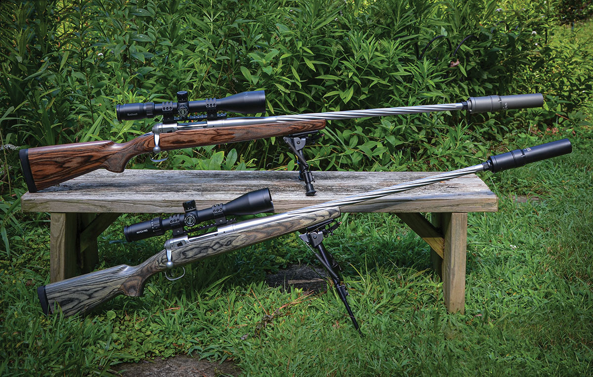 Layne’s Mark VII rifles have laminated wood stocks and 26-inch stainless steel barrels with 1:7 twist. The rifles utilize Talley rails and Weaver 30mm 6-screw rings to hold Bushnell 6-24x 50mm scopes. Both rifles have Harris bipods and Nosler compensators – SR-30 ALTi on the 22-250 (top) and SR-30 Ti on the 22 Creedmoor (bottom).